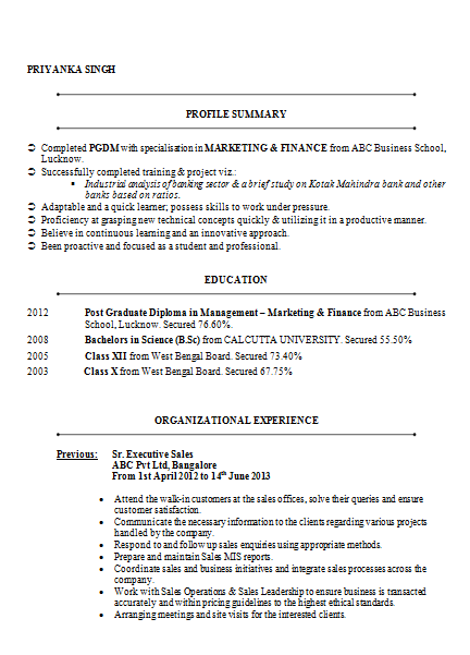 Resume for banking and insurance